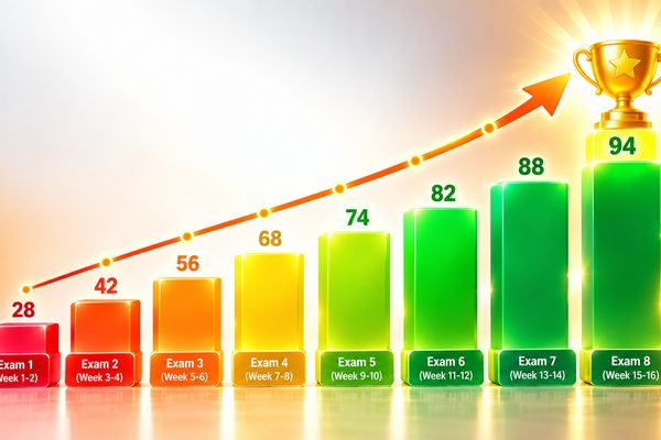 A bar chart of eight biweekly exam scores rising from 28 to 94, ending at a trophy.