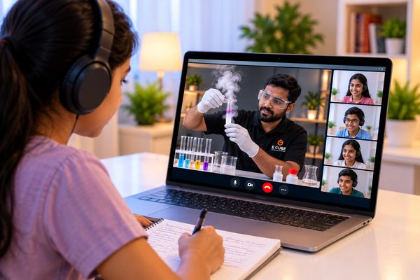 A teacher demonstrating a smoking test tube on a video call while a student takes notes.