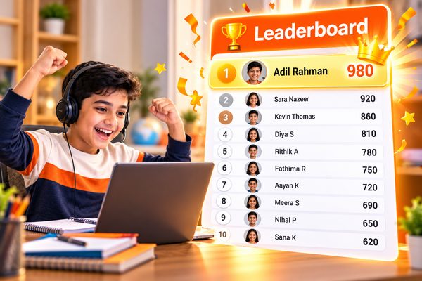 A boy celebrating beside a class leaderboard of top scores.