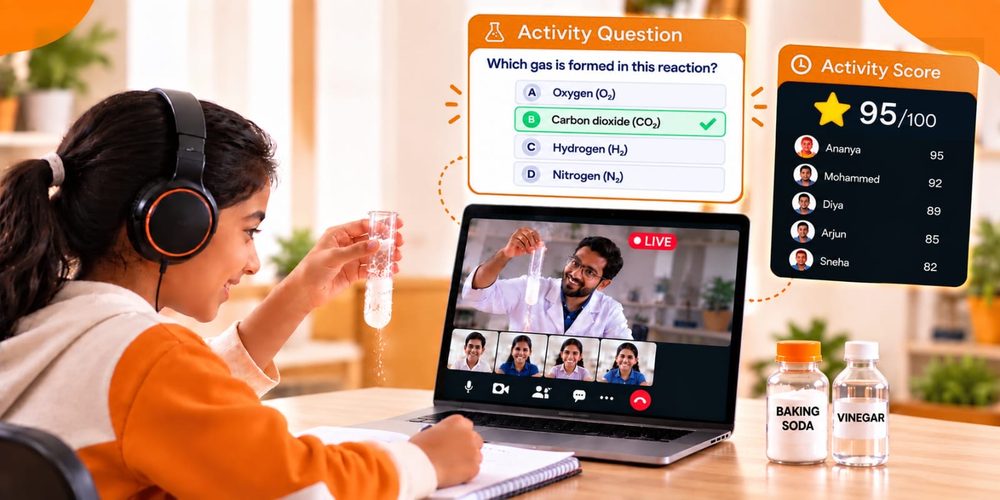 A student holding up a test tube while her teacher runs the same experiment live on her laptop, with baking soda and vinegar on the table.