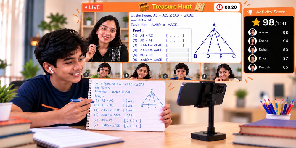 A student holding up his notebook with a triangle proof during a live Maths treasure hunt class.