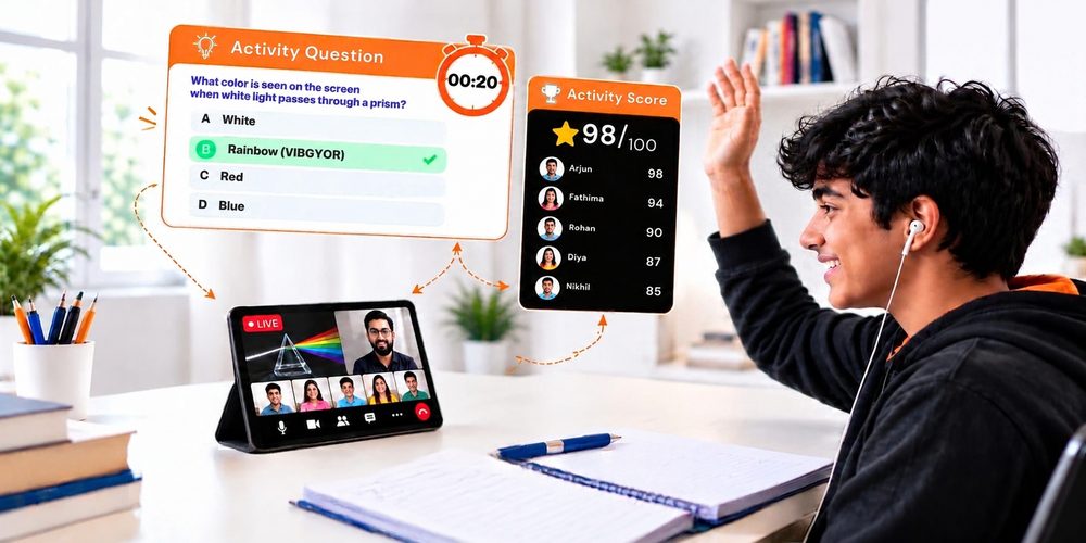 A student raising his hand during a live online Physics class on a prism, with the class quiz and scores beside him.